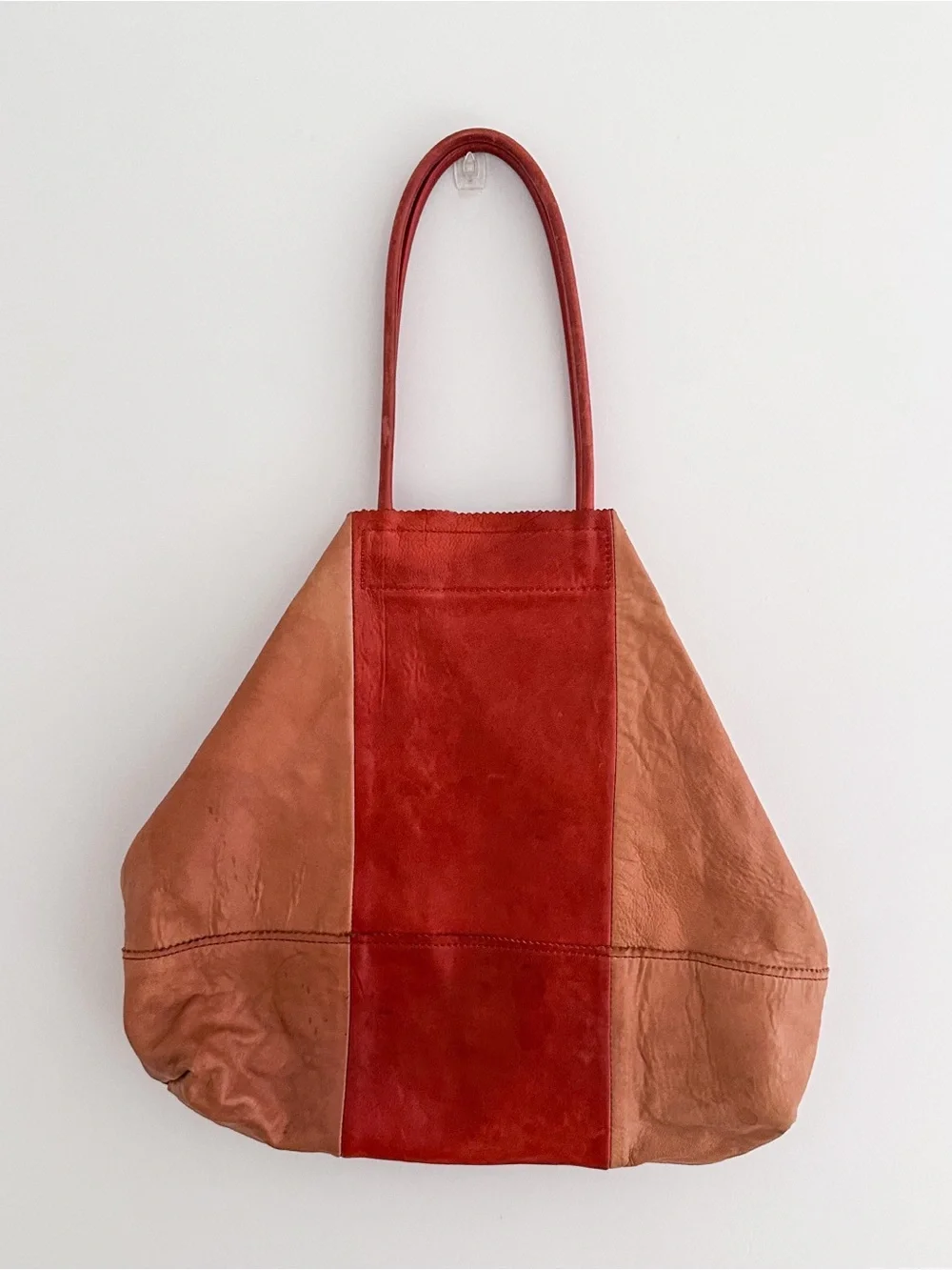 Banana Republic Leather Tote Color Block Tan & Red Patchwork Shoulder Bag - Picture 9 of 15